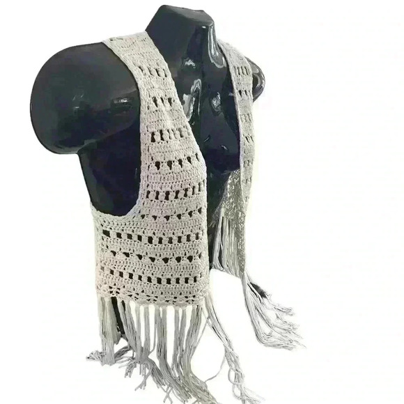 Women’s Crochet Top Size Medium M Fringe Ivory Cropped Tomato Girl Summer - Picture 12 of 13
